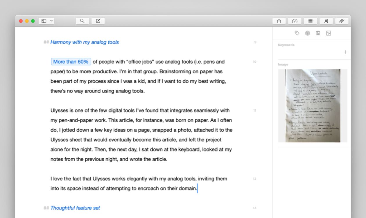 Screenshot of Ellen’s editor with an photo of a notebook page visible in the attachment bar