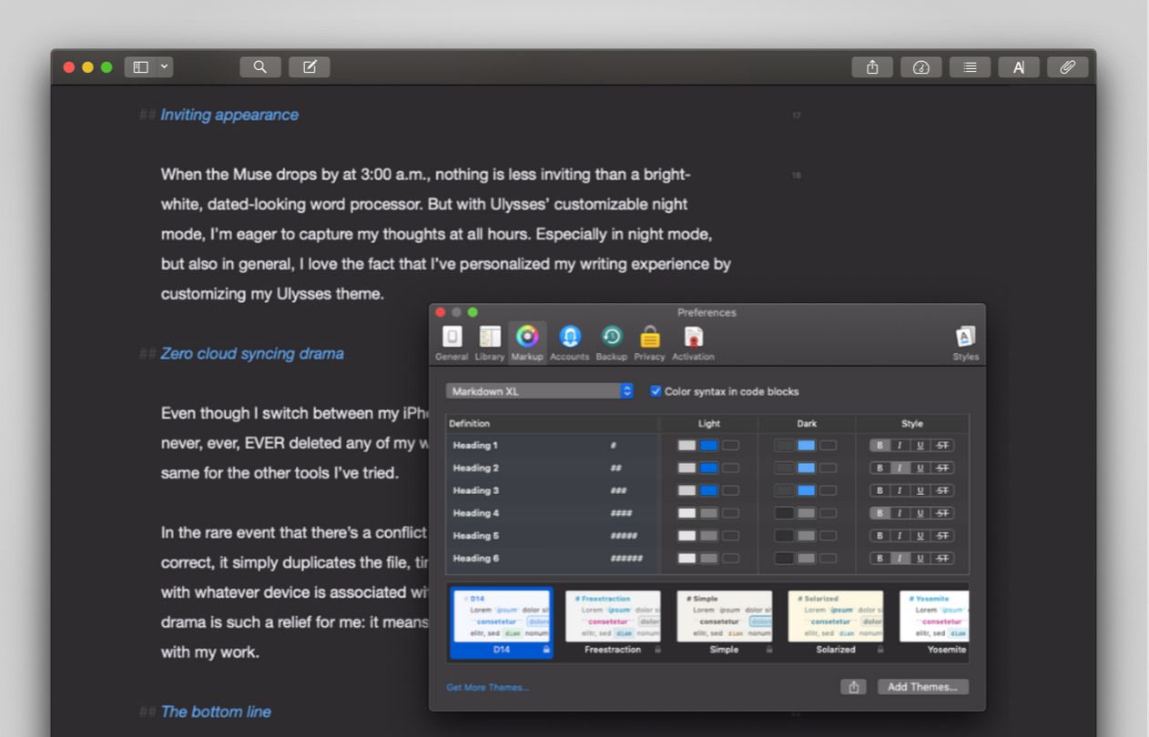 Screenshot of Ellen’s editor in Dark Mode, with her theme preferences open